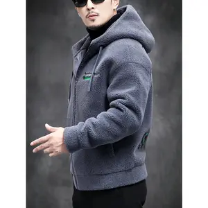 Warm Men's Wool-Blend Jacket, Zippered Casual Sports Coat with Knitted Polyester Lining, Embroidery Detail, Solid Color, Budget-friendly, Regular Fit for Outdoor, Running, Hiking, Baseball, Party, Youth - Spring/Autumn/Winter Sheep Shearling Jacket
