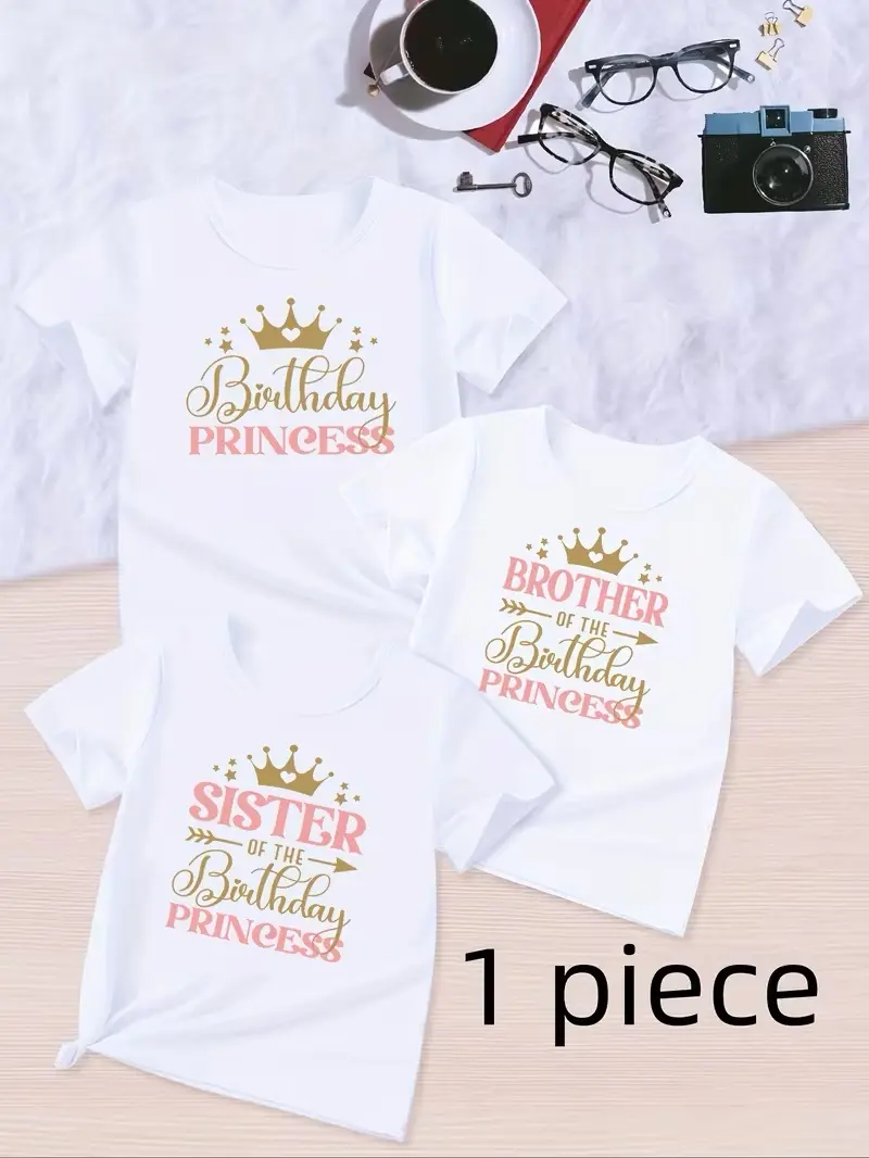 Crown Print Birthday Princess T-Shirt for Girls, Sibling T-Shirts for Party Wear, Kids Gift (Single Item)