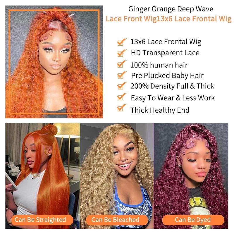 Ginger Wig Human Hair 13x6 Deep Wave Lace Front Wigs Human Hair Curly Wigs HD Transparent Lace Frontal 350 Colored Human Hair Wig Pre Plucked 180% Density 30 Inch