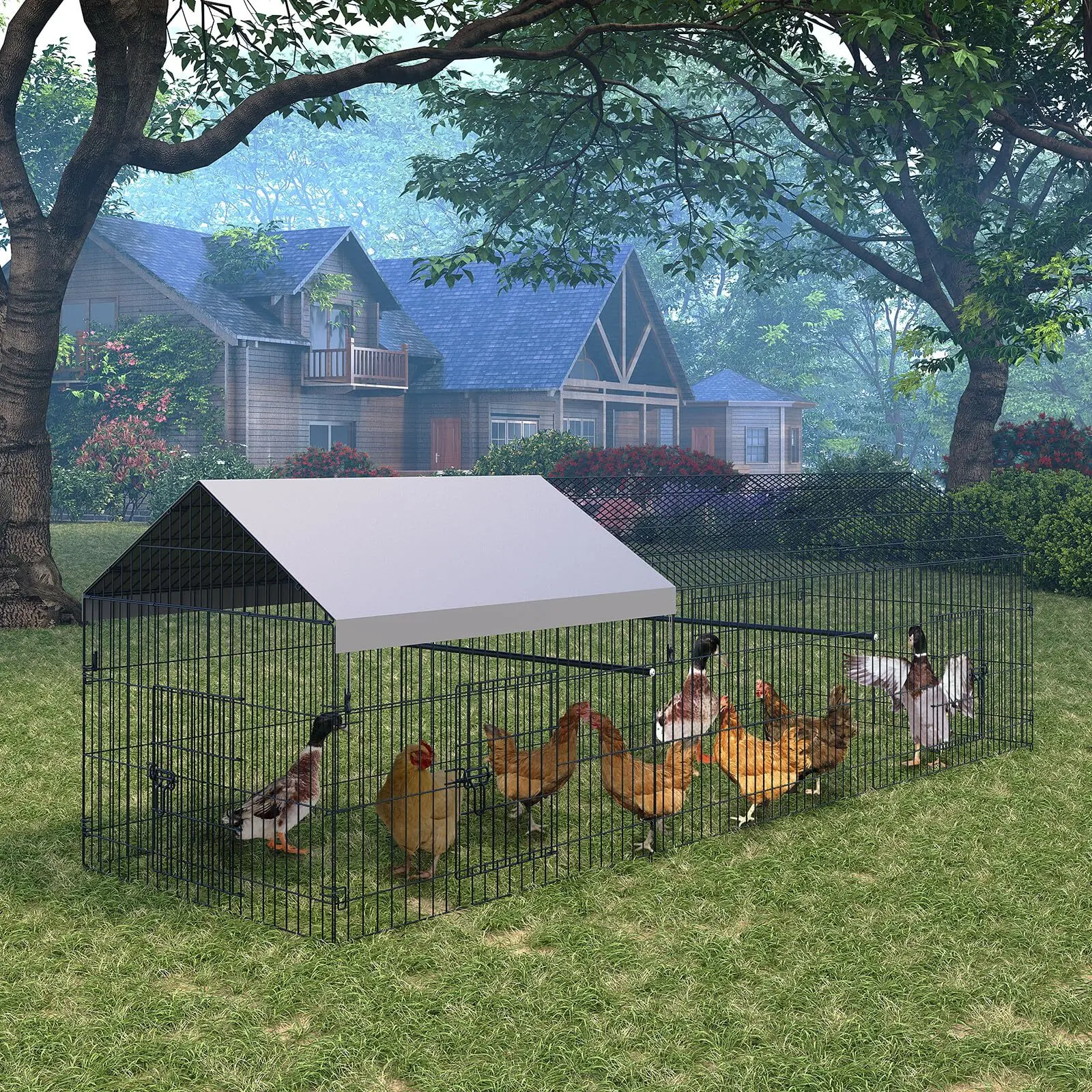 Chicken coop 100x100x328cm metal free-range enclosure, chicken cage small animal coop aviary with roof tarpaulin, pet enclosure for chickens poultry small animals