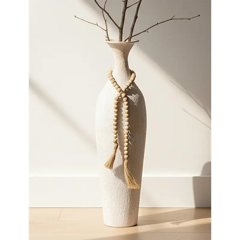 Tall Metal Floor Vase, Large Boho Vase with Bead for Pampas Grass | 23.2in White Slim Decorative Vase, Rustic Large Floor-Standing Piece, Farmhouse Flower Holder for Living Room, Fireplace, Home Decor