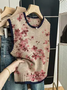 Women's Casual Loose-Fitting Round Neck Sleeveless Knit Top, Deep Blue Floral Print Sweater for Spring Summer, Outerwear & Layering, Sweater Vest
