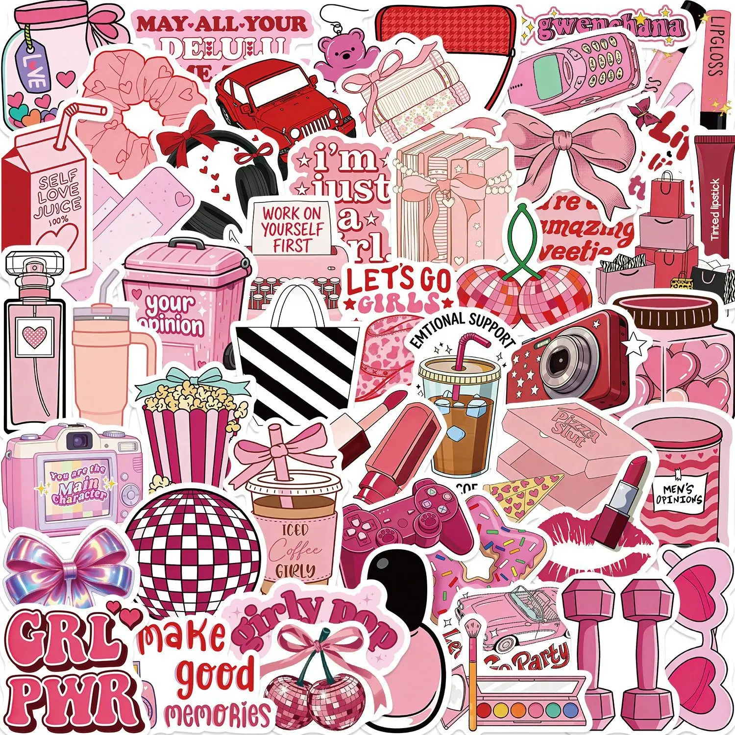 50 Cartoon Y2K Girl Cherry Graffiti Stickers, Waterproof Decorative Stickers for Guitar Notebook Water Cup, Fun and Stylish Accessories, PVC Waterproof Stickers