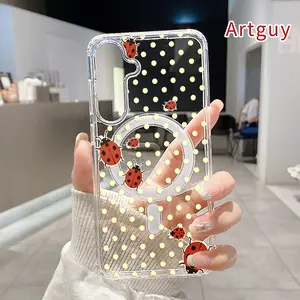 Magnetic Soft Case for Samsung Galaxy S26 Edge S23 Ultra S24 Plus FE S25 S22+ Non-Yellowing Drop Protection Transparent Acrylic Large Hole Ladybug Dotted Dream Pattern Shockproof Silicone Cover Supports Wireless Charging