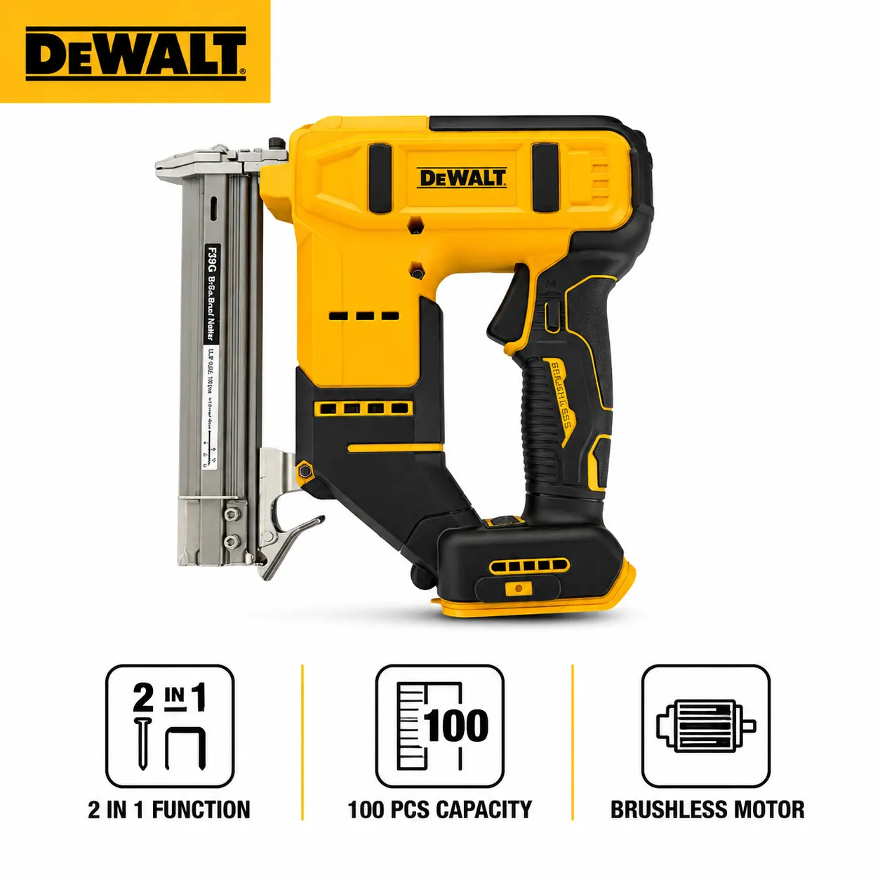 DEWALT F30 20V Brushless 2-in-1 Cordless Nail Staple Gun, 100-Count Magazine Dual Firing Mode Fastener Tool, Molding Picture Frame Wood Fixing, For Professional Woodworkers & Household DIY Projects