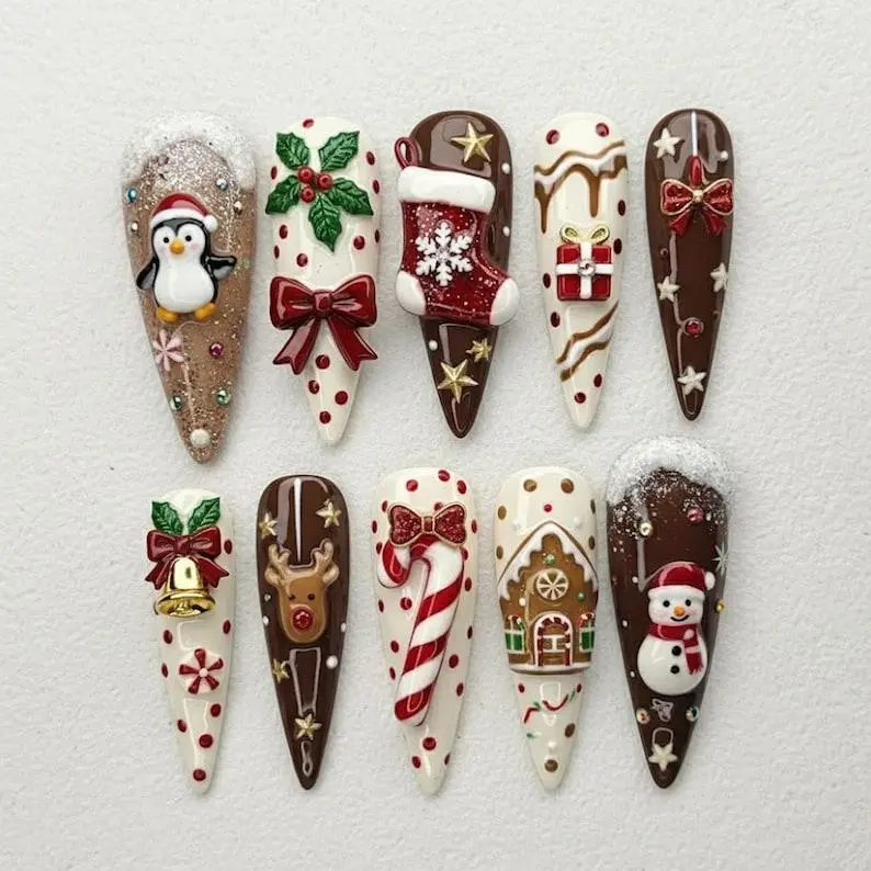Happy Nails - Design Handmade Gingerbread Christmas Press On Nails, 3D Holiday Nail Art
