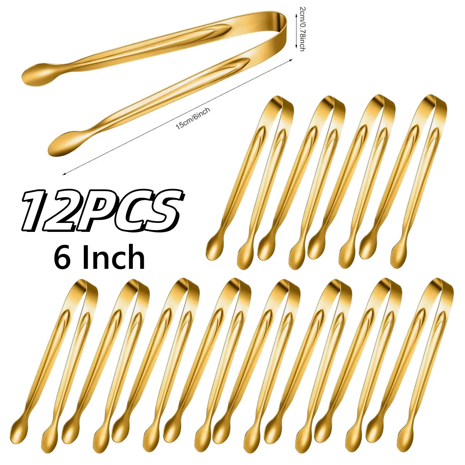 12PCS Mini Tongs Stainless Steel 6 Inch Gold Small Sugar Serving Tongs for Buffets, Coffee Bar, Tea Party, Charcuterie Board Appetizers Dessert Serving Food Tiny Party Ice Bucket Danish Candy