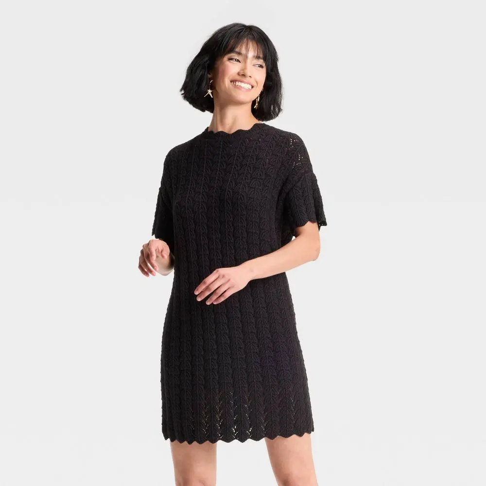 Women's Short Sleeve Pointelle Mini Sweater Dress - A New Day