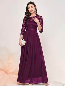 Miusol Women's Magenta Elegant Floral Lace 3/4-Sleeve Crewneck Formal Long Dress - Chic Lacy Classic Embellished Bridesmaid Wear, All-Season Basic Clothes, Lacy Bridesmaid Dresses