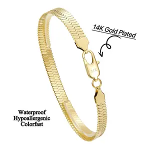 14K Real Gold Plated Flat Snake Bone Chain Titanium Steel Bracelet Anklet for Men and Women Trendy Light Luxury Simple Versatile Unisex Jewelry