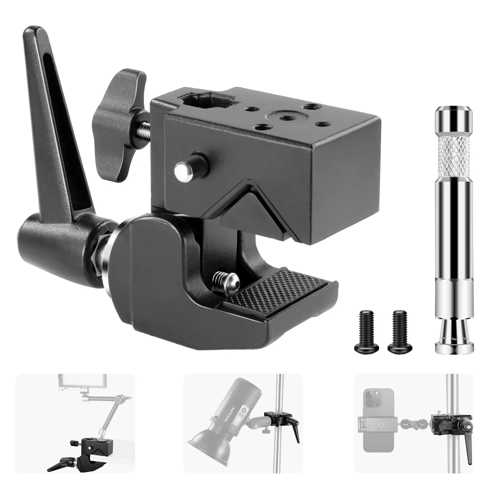 NEEWER UA017 Heavy Duty Super Clamp with 5/8" Stud, Spring Lock, 2.4"/6cm Jaw Grip, Max 33lbs Load for Round Pipes, Flat Surfaces, Photography Studio Camera & Lighting Mounting