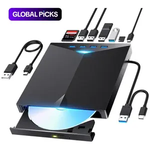 7-in-1 External CD/DVD Drive, USB 3.0 and Type-C Portable Player and Burner with 4 USB-A Ports and SD/TF Card Slots, Compatible with Laptop, Desktop, Mac and Windows