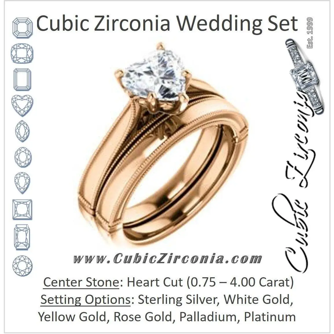 CZ Wedding Set, featuring The Britney engagement ring (Customizable Heart Cut Decorative-Pronged Cathedral Solitaire with Fine Milgrain Band)