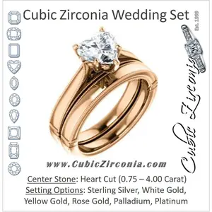 CZ Wedding Set, featuring The Britney engagement ring (Customizable Heart Cut Decorative-Pronged Cathedral Solitaire with Fine Milgrain Band)