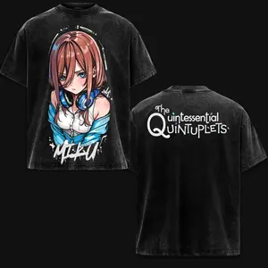 Nakano Miku The Quintessential Quintuplets Anime Double Printed Vintage Washed Tee Unisex Oversize Anime Manga Washed Heavyweight Cotton T-shirt