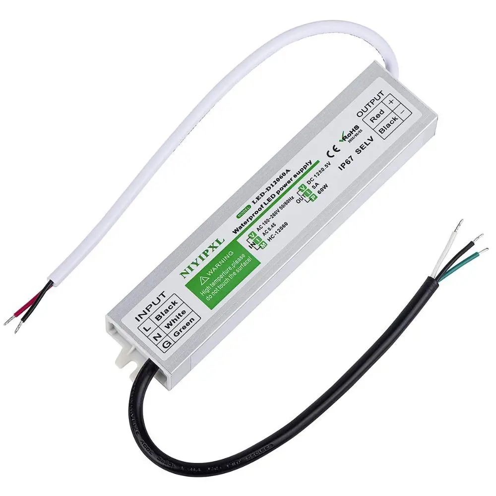 Driver 60 Watts Waterproof IP67 Power Supply Transformer Adapter 100V-260V AC to 12V DC Low Voltage Output for LED Light, Computer Project, Outdoor Light and Any 12V DC LED Lights