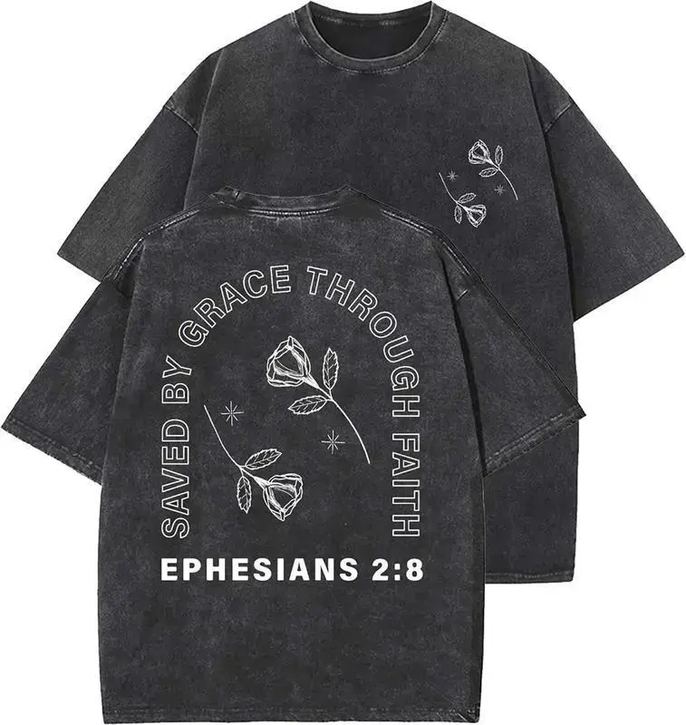 valentine shirts Saved By Grace Through Faith Unisex Washed T-Shirt, Christian Tshirts, Vintage 90s Graphic Tee, Gift Top Womenswear Cotton Mineral Color