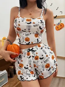【Halloween】Casual Spaghetti Strap Top & Drawstring Shorts Set, Pumpkin Bat Pattern, Slim Fit Summer for Women