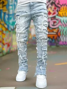 Men Streetwear Hip Hop Stacked Spliced Slim Straight Jeans Pants Male Stylish Motorcycle Biker Denim Trousers