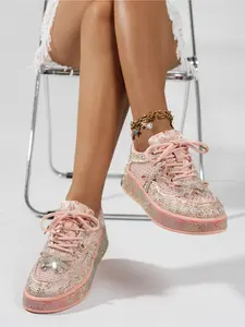 Women's Rhinestone & Mesh Platform Casual Trainer Sneakers, Thick Sole Sparkly Shoes for Summer