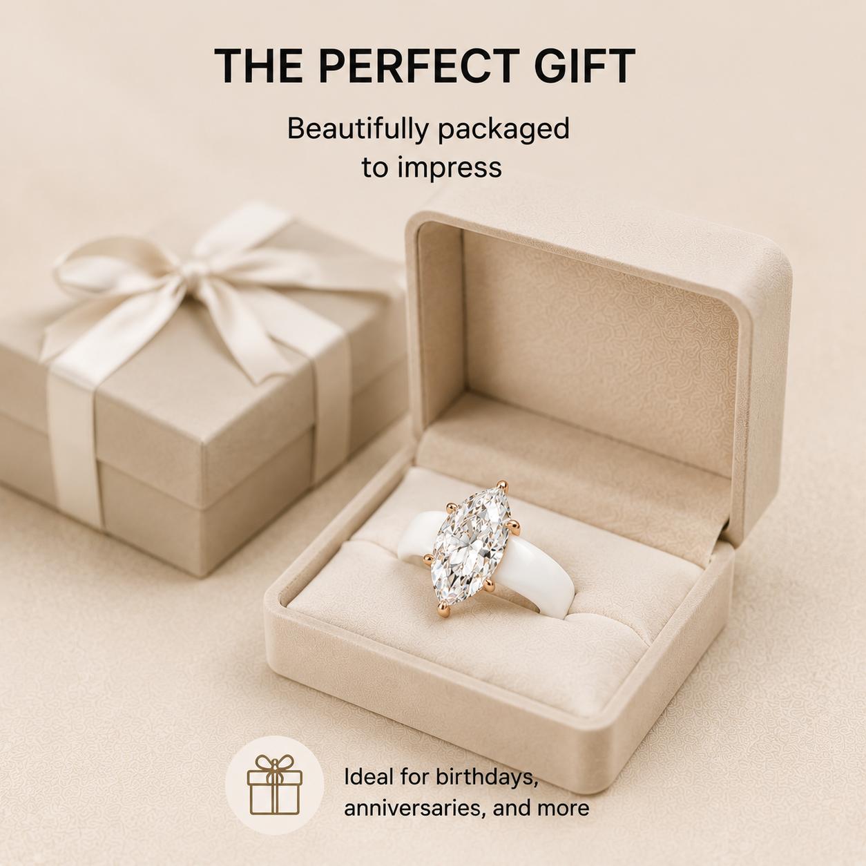 Women's Silicone Band - Large Marquise Cut Cubic Zirconia Goldtone Ring, Rose Gold Prong Setting, Elegant Comfortable Marquise Wedding Band for Everyday Use & Sports Wear