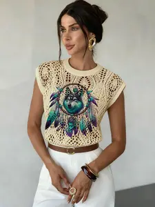 Women's Blue Wolf Head Dreamcatcher Print Hollow Out Round Neck Cover Sleeve Vest Sweater, Casual Knit Top, Comfortable Versatile Clothing