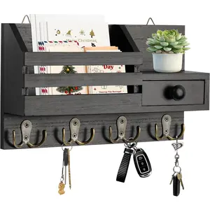 Wall Mounted Key Holder, Wooden Adhesive Mail & Key Organizer with Drawer Small Shelf 8 Hooks, 2 Installation Methods, Black