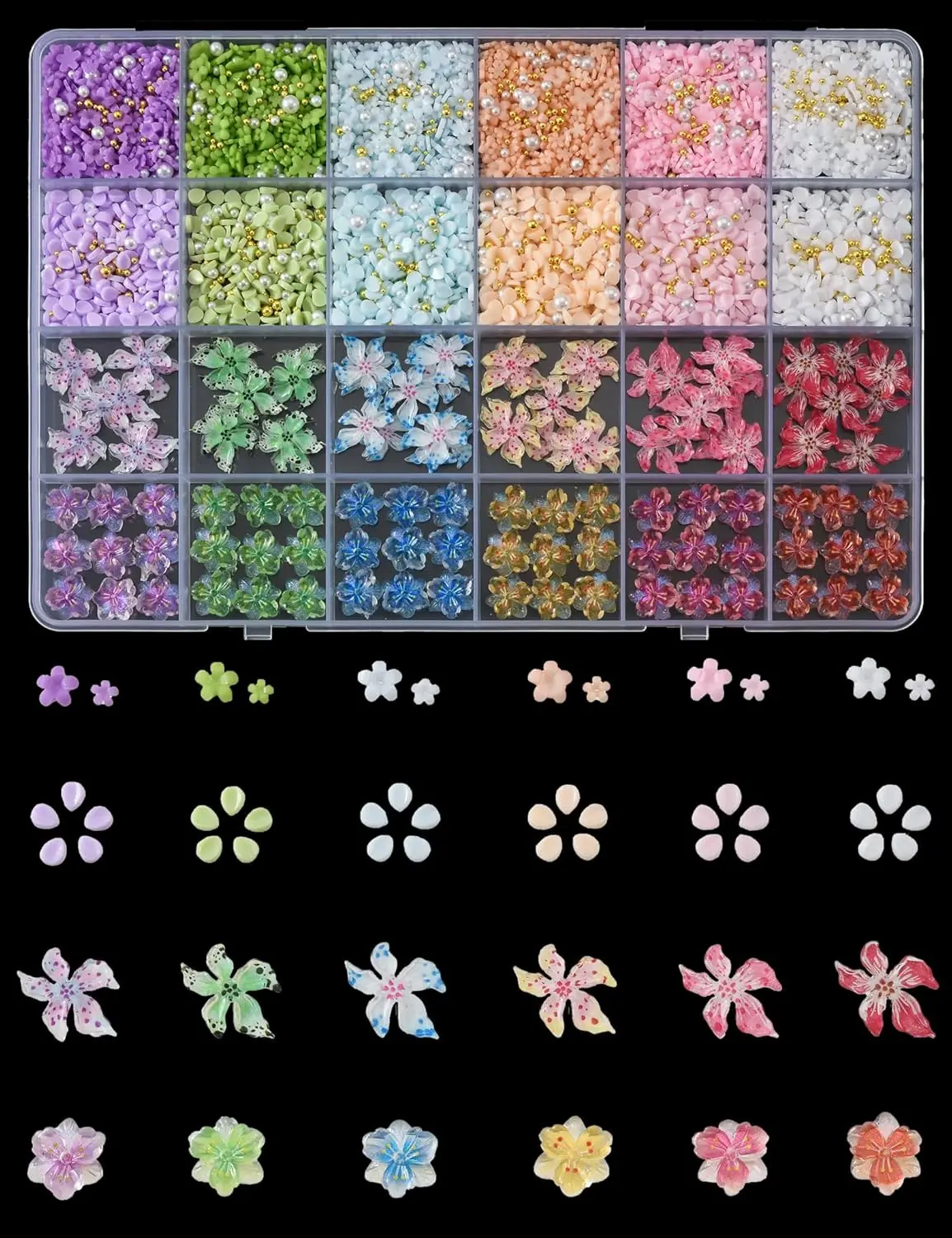3000 Pcs 3D Flower Nail Charms and Gems 24 Grid Charms for Nails Design Colorful Nail Art Charms 4 Styles of Big and Small Flowers are Suitable for Spring and Summer