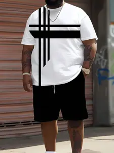 2-Pack T-Shirt and Geometric Print Gym Shorts Set, Plus Size Slimming, Casual Loose-Fit Short Sleeve Top, Outfit