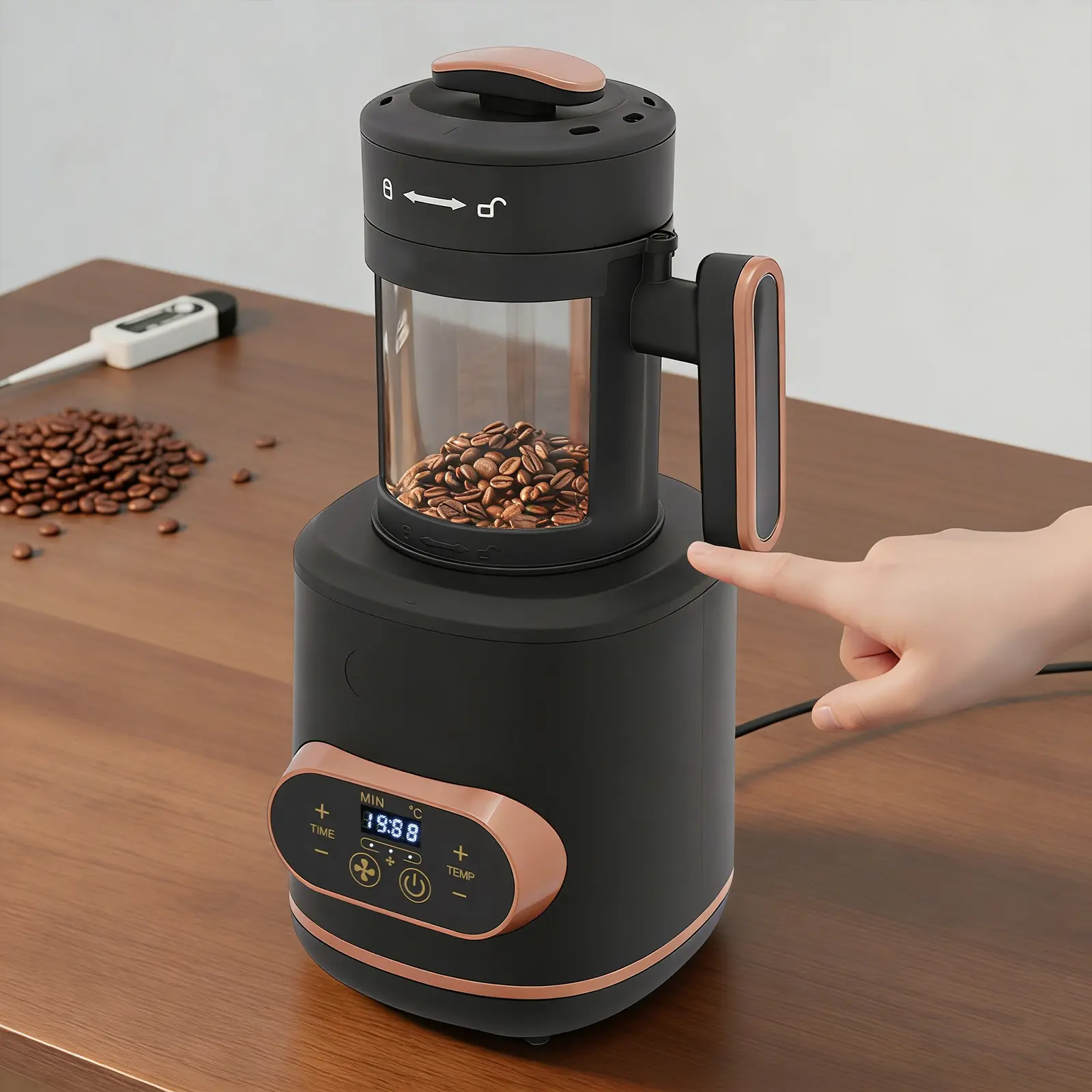 Manual Home Coffee Roaster - 100g Capacity, 1500W Power, Compact, Corded Plug, LED Display, Measuring Cup, Glass-Plastic Build, US Standard, Roasting for Personal and Family Use