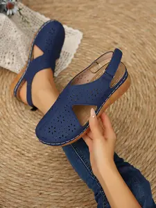 Spring Summer Casual Plus Size Women's Wedge Heel Thick Sole Sandals, Multiple Colors Leather Hollow Out Decor, Ultra-Light Anti-Slip Sole Plus Size Available, Lightweight Sandals