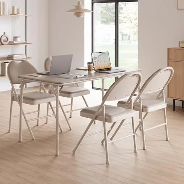 GARVEE Folding Chair 4 Pack with Thickened Padded PU Cushion, Metal Legs and Non-Slip Feet Pads, Portable Stackable Commercial Seat for Events, Office, Wedding, Party,Beige