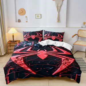 Spider-Man themed Printed Duvet Cover Set,Includes One Duvet Cover and One or Two Pillowcases,Spider-Man Parallel Universe Elements,the High-tech Red Spider Logo,for Boys Girls Teens Child Bedroom Decoration Gifts