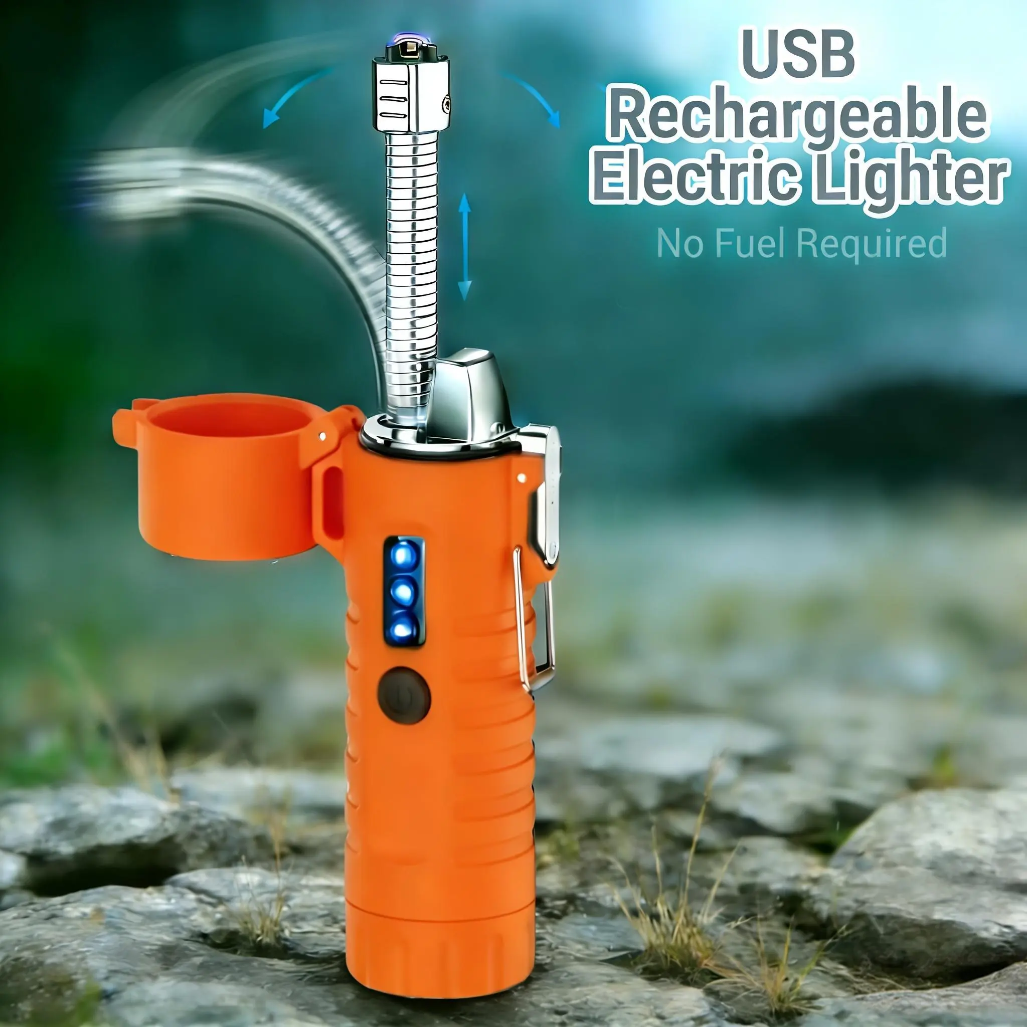 Dual Arc Plasma Lighter - USB Charging, 360° Rotatable Neck, Built-In Flashlight, Windproof Flameless, Ideal for Outdoor Camping, Survival Tool Gift for Men