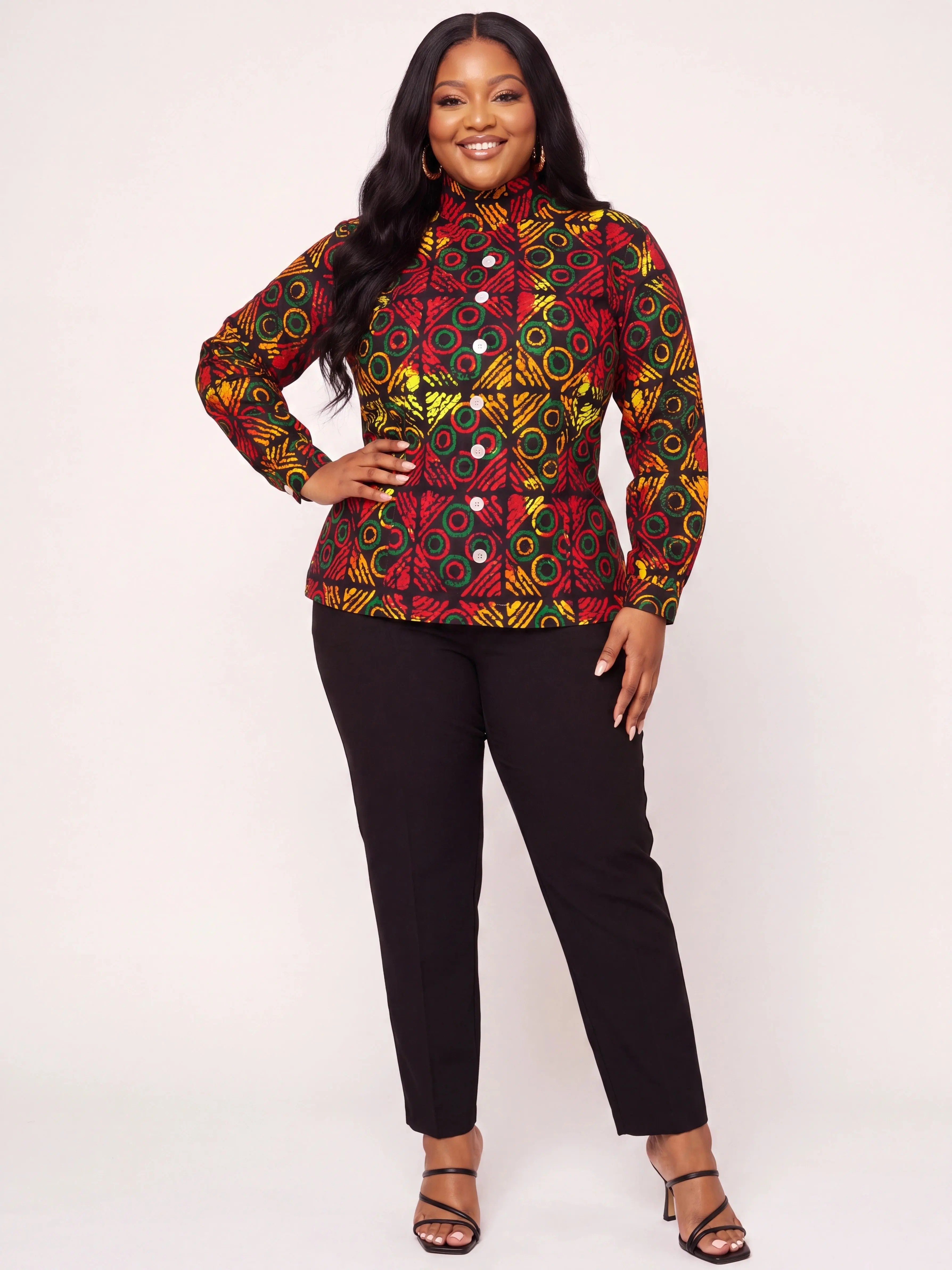 Ankara Print Button Down Top Plus Size African Print Long Sleeve Fitted Shirt Red Green Yellow Geometric Print Women Work Casual Office Outfit