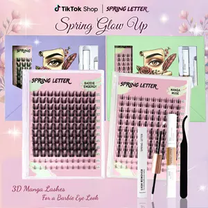 SPRINGLETTER DIY Lash Cluster Kit - Soft Fluffy D-Curl Clusters,Multiple Lengths, Waterproof Long Hold, Bond & Seal,Remover, Tweezers & Brush and Glue Fox Eye Long-Lasting Lashlift Set easy home use spikes cat eye