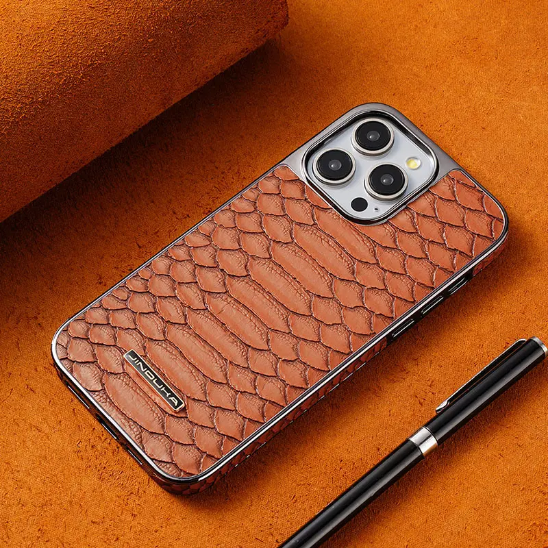 Vegan Faux Leather Snake-Print Case for iPhone 12-17 Pro Max, Slim Fit Full Cover, Electroplated Frame, Shockproof Durable Mobile Accessory (Black, Dark Brown, Purple, Blue, Gray), Ip 12-17 Pro Max
