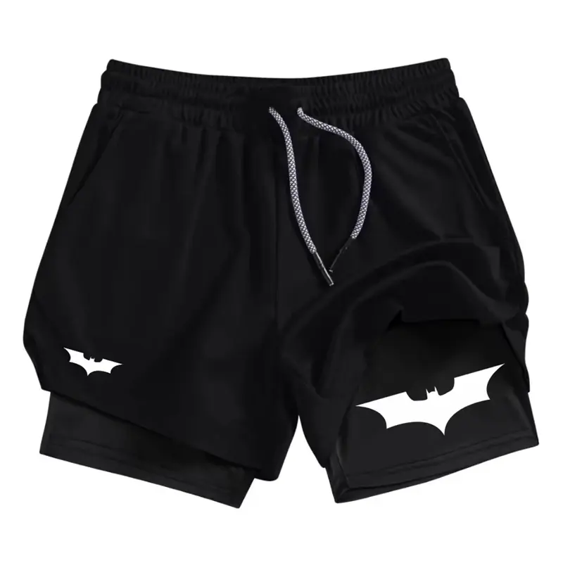 Men's 2-in-1 Bat Print Athleisure Casual Shorts, Mid-Waist Short-Length Polyester Knit Performance Bottoms, Quick-Dry Breathable Athletic Wear with 1 Phone Pocket, Suitable for Gym, Running, 2-In-1 Men's Shorts