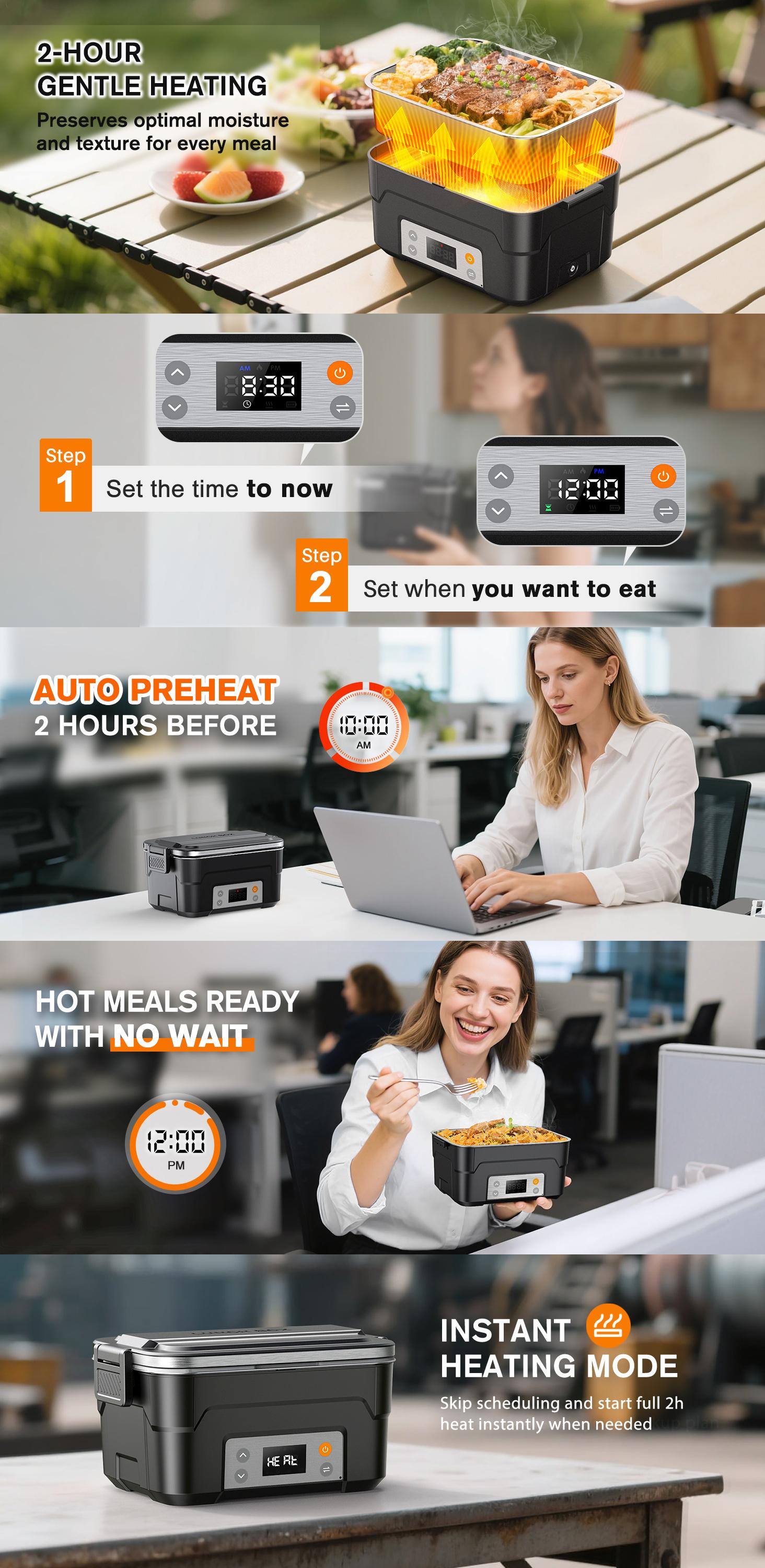 Docusvect 6.3-Cup Heated Lunch Box Cordless with Scheduled Heating | 27,000mAh Cordless Electric Lunch Box, 2H Heat+1H Keep-Warm, Mealtime Setting, Daily Memory, 220°F Max, Leak-Proof, Full Kit