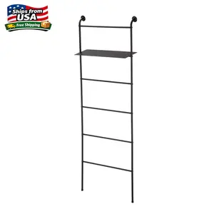 MS Towel Stand Ladder with Bathroom Storage Shelf, Black