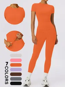 Women's 2 Piece Orange Yoga Set, Round Neck Short Sleeve Top & High Waist Leggings, Tummy Control Butt Lifting Workout Outfit, Breathable Quick Dry Activewear Yoga Clothes Set