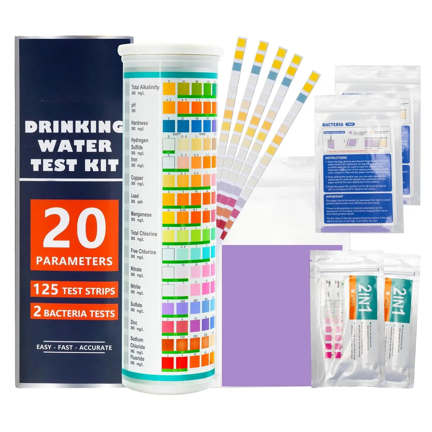 20-in-1 Comprehensive Testing Strips - 125 Multi-Parameter Easy-to-Use Synthetic Strips for Hot Tub, Tap Water Analysis (Lead, Chlorine, Hardness, Iron, Fluoride, Copper & More) Home Water Test Kit