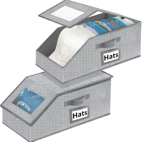 AISOON 2-Pack Gray 17" Shelffit Hatboxes - Storage Containers Organizer with Zipper, Handles, Label Holders, Folding Collapsing Bins for Closet Organizer Storage, Easy Access Design to Get Organized