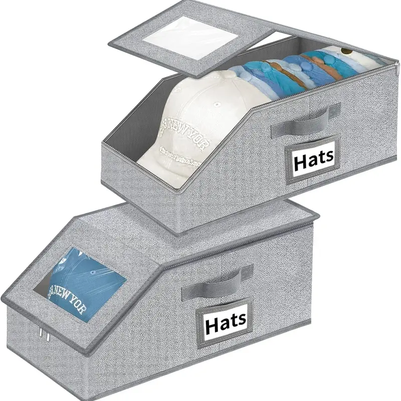 AISOON 2-Pack Gray 17" Shelffit Hatboxes - Storage Containers Organizer with Zipper, Handles, Label Holders, Folding Collapsing Bins for Closet Organizer Storage, Easy Access Design to Get Organized