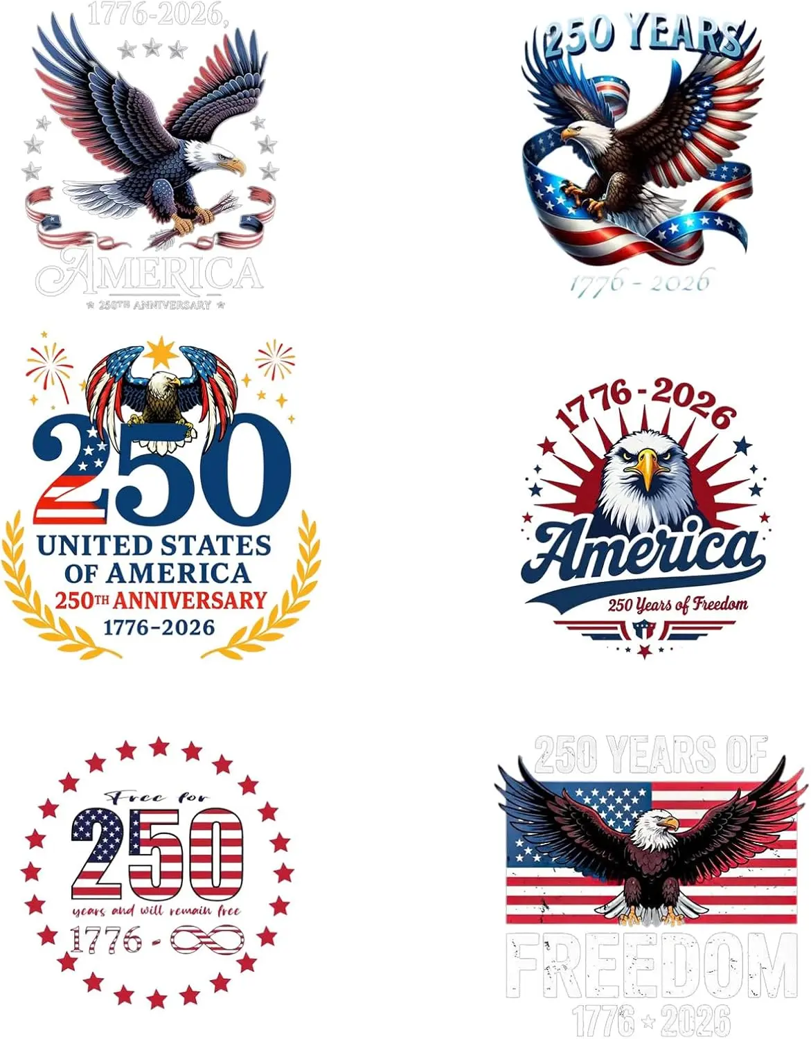 8.66" x 8.66" 6-Pack Patriotic Iron-On HTV Vinyl Sheets - 250th Anniversary Independence Day Designs (Bald Eagle, American Flag, '250') for Small Businesses, DIY T-Shirt & Hat Heat Transfer Vinyl Stickers for Independence Day Events, Family Gatherings, Pa