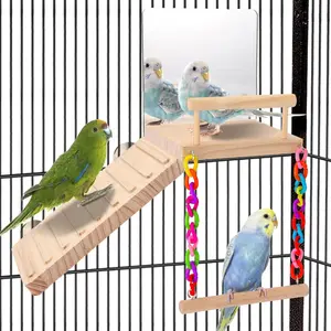 Bird Perch Platform Bird Toys with Bird Mirror Climbing Ladder Swing, Parakeet Cage Accessories - for Cockatiels, Lovebirds, Budgies,Pacific Parrotlets,Finch,Canaries - Wooden Play Gym
