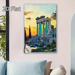 2D Flat, 2D Flat, 2D Flat A Single Piece of Beautifully Framed Canvas Artwork Depicting a Moody Landscape Featuring Temple Ruins from The 19Th Century, Showcasing an Vintage Greek Scene with a Sunset.Ideal for Home Decor	