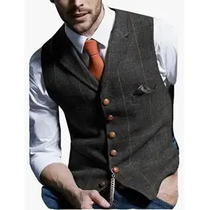 Men's Casual Soft Wool Tweed Vest, Plaid Pattern, V-Neck Sleeveless, Classic Fit, Perfect for Wedding, Groomsmen, Best Man, Formal Dinner Parties, Wedding Cocktails & Weekend Dressy Events