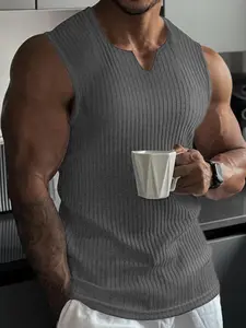 Men's Spring ＆ Summer Outfits Plain V Neck Sleeveless Pullover Vest T-Shirt for Daliy Wear, Gym Wear Ribbed Texture, Casual Sporty Versatile Wear, Must-Have for Men's Wardrobe, Workout Vest, Fitness Workout Vest