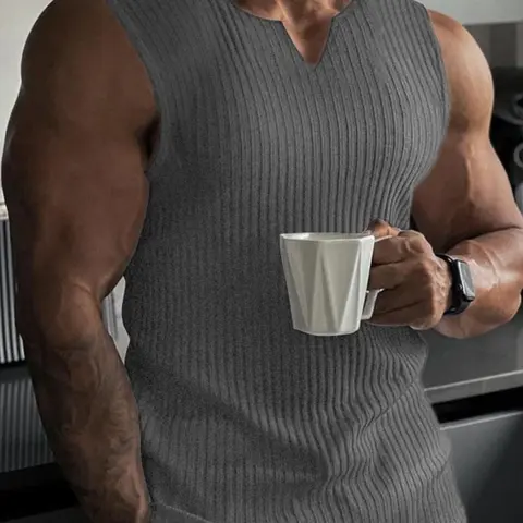 Men's Summer Tank Top, Casual Plain Notched Neck Sleeveless T-Shirt for Daily Wear, Gym Wear, Ribbed Texture, Sporty Versatile Wear, Workout Apparel, Sleeveless Sports Tops